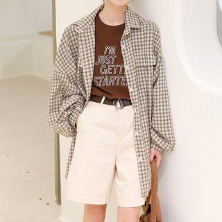 Long-sleeve Oversized Plaid Shirt Khaki - One Size