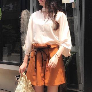 Split-neck Elbow-sleeve Chiffon Top / High-waist Shorts