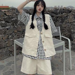 Elbow-sleeve Plaid Shirt / Vest / Wide-leg Shorts