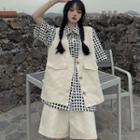 Elbow-sleeve Plaid Shirt / Vest / Wide-leg Shorts