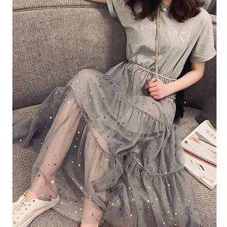 Mock Two-piece Sequined Short-sleeve A-line Dress