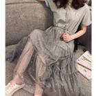 Mock Two-piece Sequined Short-sleeve A-line Dress