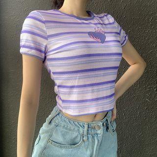 Short-sleeve Heart Embroidered Striped Cropped T-shirt