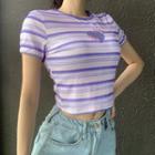 Short-sleeve Heart Embroidered Striped Cropped T-shirt