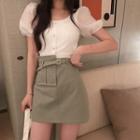 Short-sleeve Knit Top / Mock Pocket A-line Mini Skirt