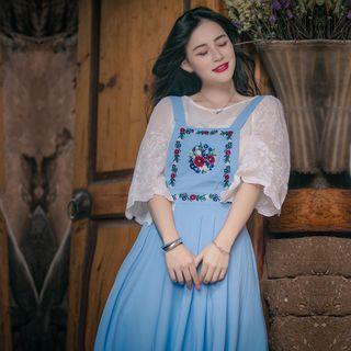 Lace Elbow Sleeve Chiffon Blouse / Flower Embroidered Pinafore Dress
