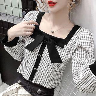 Long-sleeve Square-neck Printed Blouse