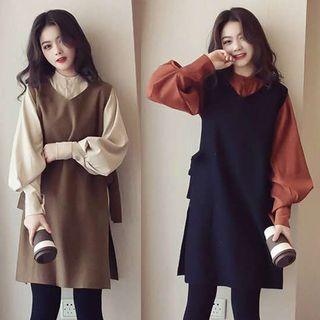 Set: Balloon-sleeve Shirt + Sleeveless Side-tie Dress