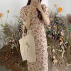 Floral Puff-sleeve V-neck Midi Sheath Dress