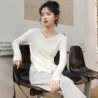 Long-sleeve V-neck Drawstring Knit Top Off-white - One Size