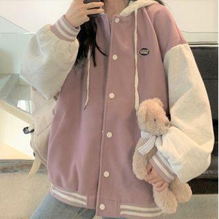 Two Tone Print Button-up Hoodie