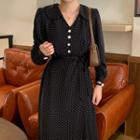 Long-sleeve Collared Dotted Midi A-line Chiffon Dress
