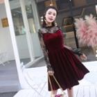 Long-sleeved Tie-waist Crewneck A-line Panel Lace Sheath Dress