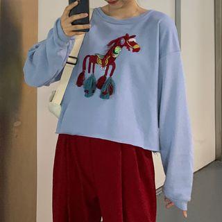 Horse Applique Tasseled Crop Pullover