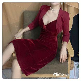 Spaghetti Strap Midi Sheath Dress / Cropped Open Front 3/4-sleeve Cardigan