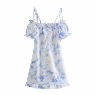 Short-sleeve Cold-shoulder Tie-dyed Mini A-line Dress