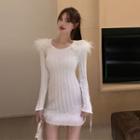 Long-sleeve Fluffy Trim Chunky Knit Mini Dress
