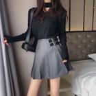 Plain V-neck Long-sleeve Slim-fit Knit Top / Pleated Skirt