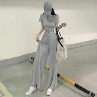 Short-sleeve Plain Cropped T-shirt / Drawstring Wide-leg Pants