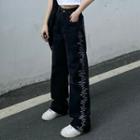 Mid Waist Heartbeat Embroidered Wide Leg Jeans