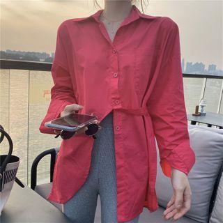 Plain Loose-fit Split Long-sleeve Shirt Pink - One Size