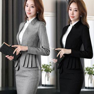 Set: Ruffle Trim Shirt + Single-button Blazer + Pencil Skirt + Dress Pants