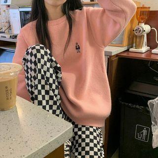 Long-sleeve Bear Embroidered Knit Sweater Mauve Pink - One Size