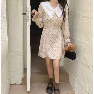 Long-sleeve Wide-collar Floral Print Mini A-line Dress