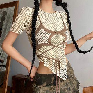 Short-sleeve Fishnet Irregular T-shirt