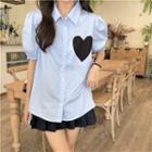 Puff-sleeve Heart Print Blouse Blue - One Size