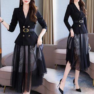 Set: Double-breasted Blazer + Mesh Midi A-line Skirt