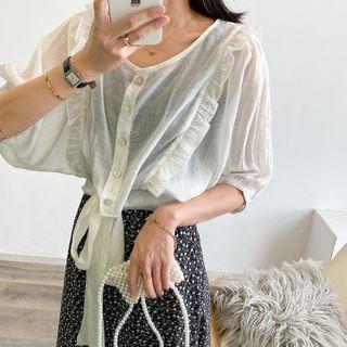 Plain Short-sleeve Ruffle Trim Tie-hem Cropped Blouse