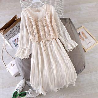 Set: Bell-sleeve Midi A-line Dress + Knit Camisole