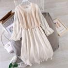 Set: Bell-sleeve Midi A-line Dress + Knit Camisole