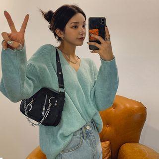 V-neck Pastel-color Oversized Knit Top