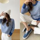 Raglan-sleeve Houndstooth Knit Top Blue - One Size