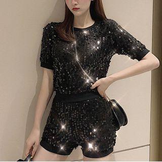 Set: Short-sleeve Sequin Top + Sequin Shorts Set - Top - Sequin - Black - One Size / Shorts - Sequin - Black - One Size