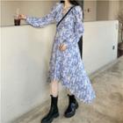 Long-sleeve Tie Dye Midi A-line Dress Blue - One Size