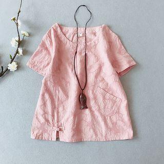 Short-sleeve Frog Buttoned Slit Top