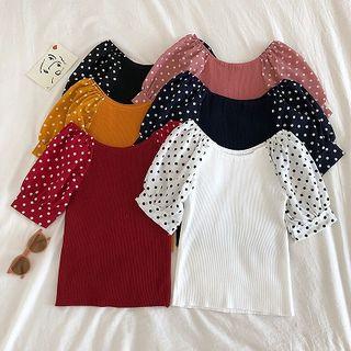 Polka Dot Chiffon Panel Puff-sleeve Knit Top