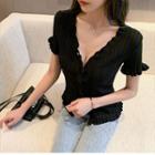 Short-sleeve Buttoned Rib Knit Top