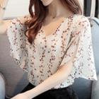 Slit-sleeve Printed V-neck Chiffon Top