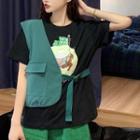 Set: Short-sleeve Bear Print T-shirt + Asymmetrical Vest