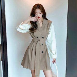 Mock Two-piece Puff-sleeve Double-breasted Blazer Dress