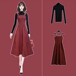 Plain Long-sleeve Knit Top / Midi Pinafore Dress / Set