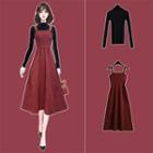 Plain Long-sleeve Knit Top / Midi Pinafore Dress / Set