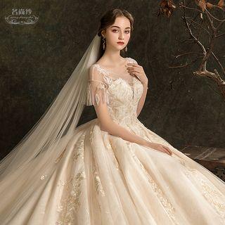 Short-sleeve Ball Gown Wedding Dress / Long Train Wedding Dress / Wedding Veil / Set