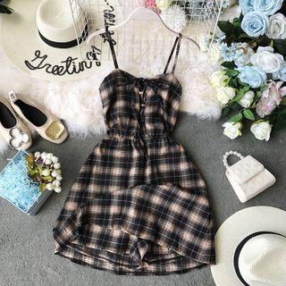Lace-up Detail Spaghetti-strap Gingham Playsuit