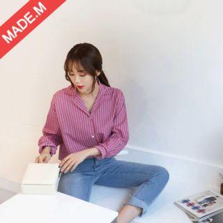 Notched-lapel Pinstriped Blouse