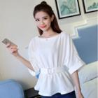 Elbow-sleeve Chiffon Top With Belt